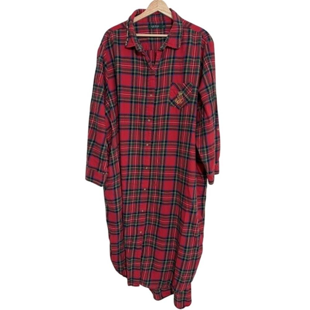 Lauren Ralph Lauren Nightgown 3X Red Plaid Button Front Flannel Holiday Maxi - Picture 5 of 9